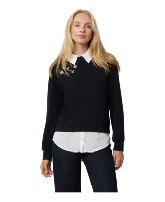 Women's Collared Long-Sleeve Embellished Twofer Top