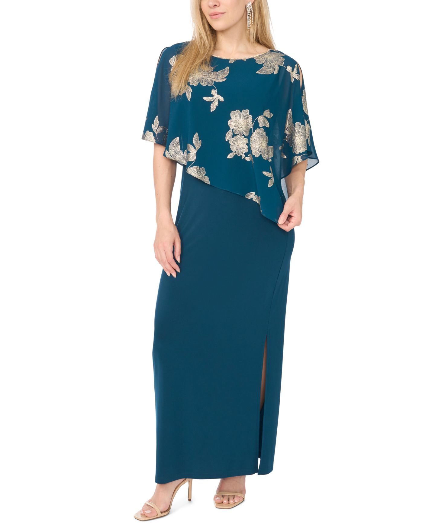 Женское платье MSK Metallic Floral-Print Crewneck Short-Sleeve Maxi, цвет: Зелёный — фото 1
