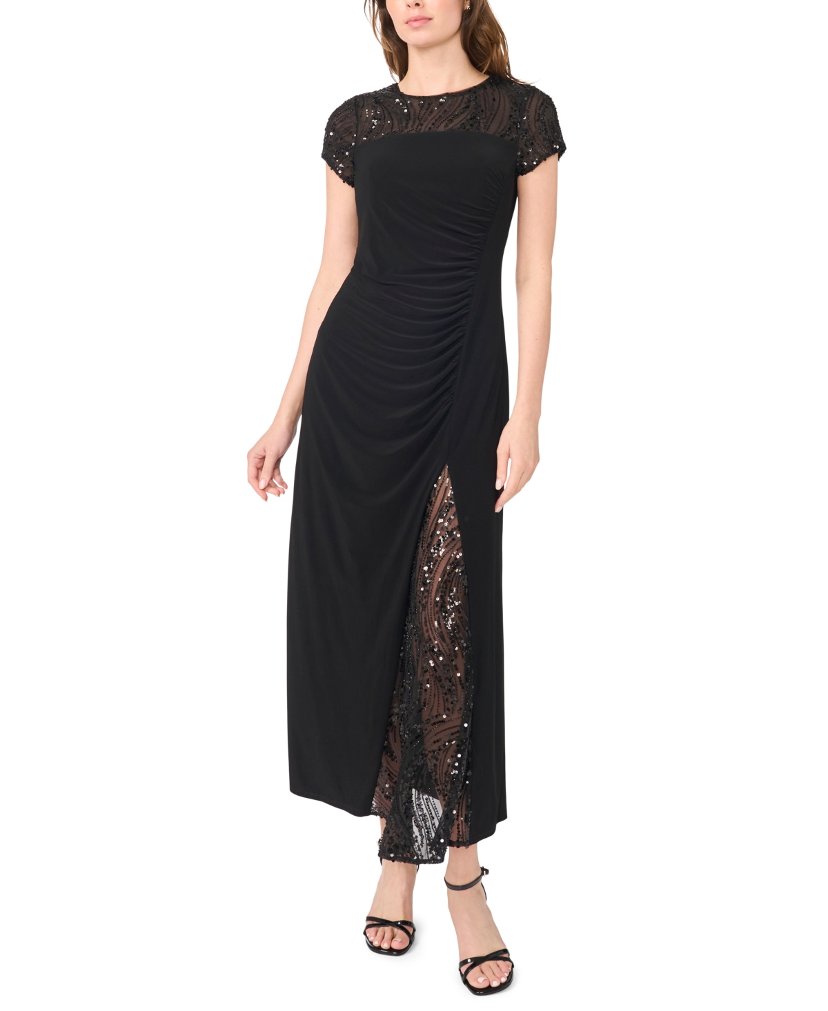 Msk Women's Slit Illusion Sequin-lace Ruched Maxi Dress In Rich Black