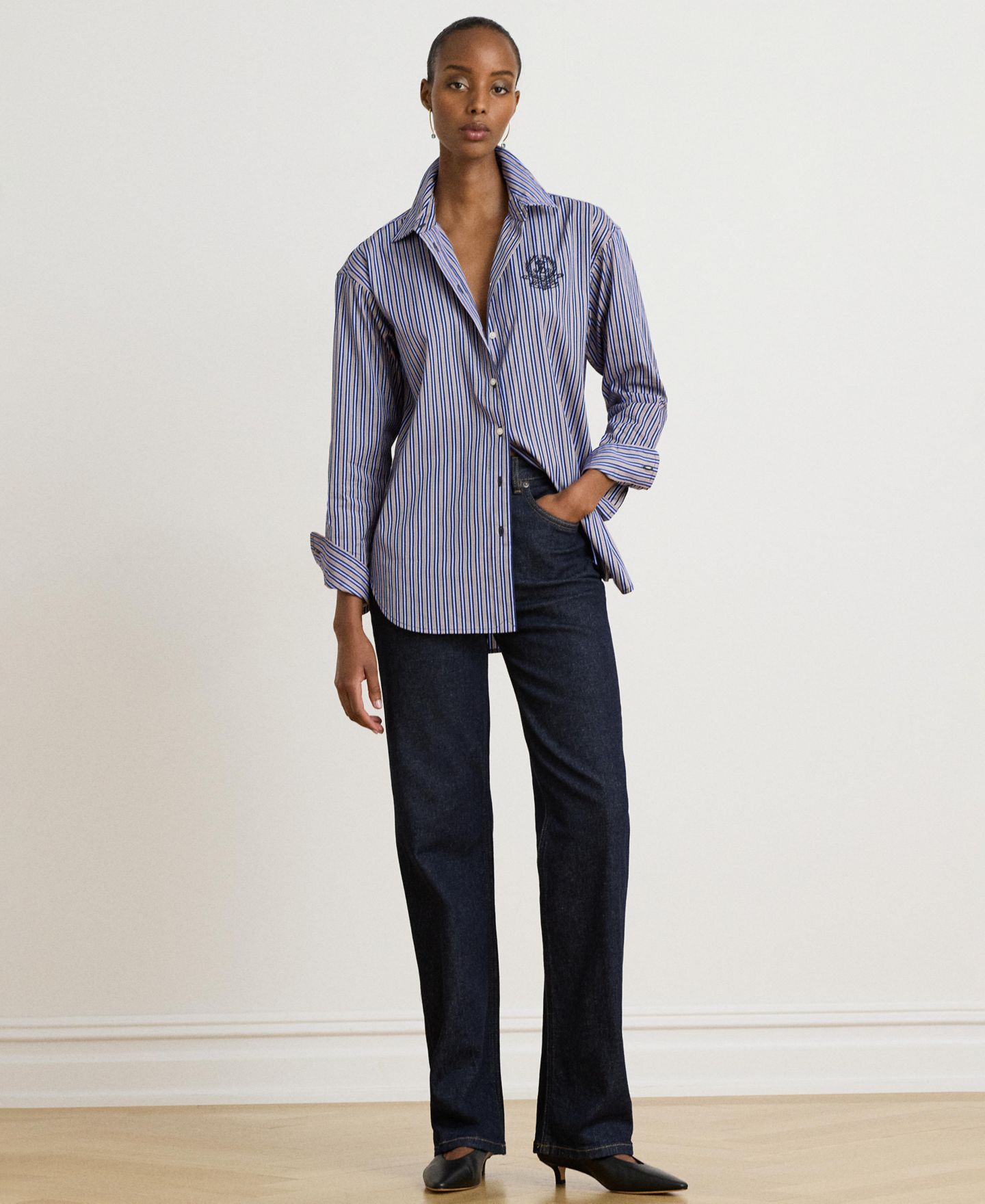 Женская рубашка Lauren Ralph Lauren Striped Point-Collar Relaxed-Fit Button-Down, цвет: Тёмно-синий / Оранжевый разноцветный — фото 5