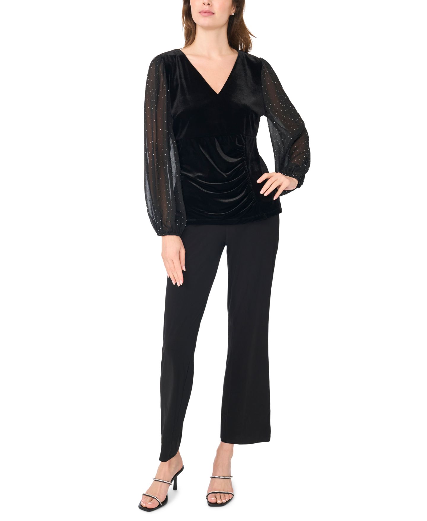 Женский топ MSK Petite Surplice Wrap Long-Sleeve Velvet, цвет: Насыщенный чёрный — фото 2