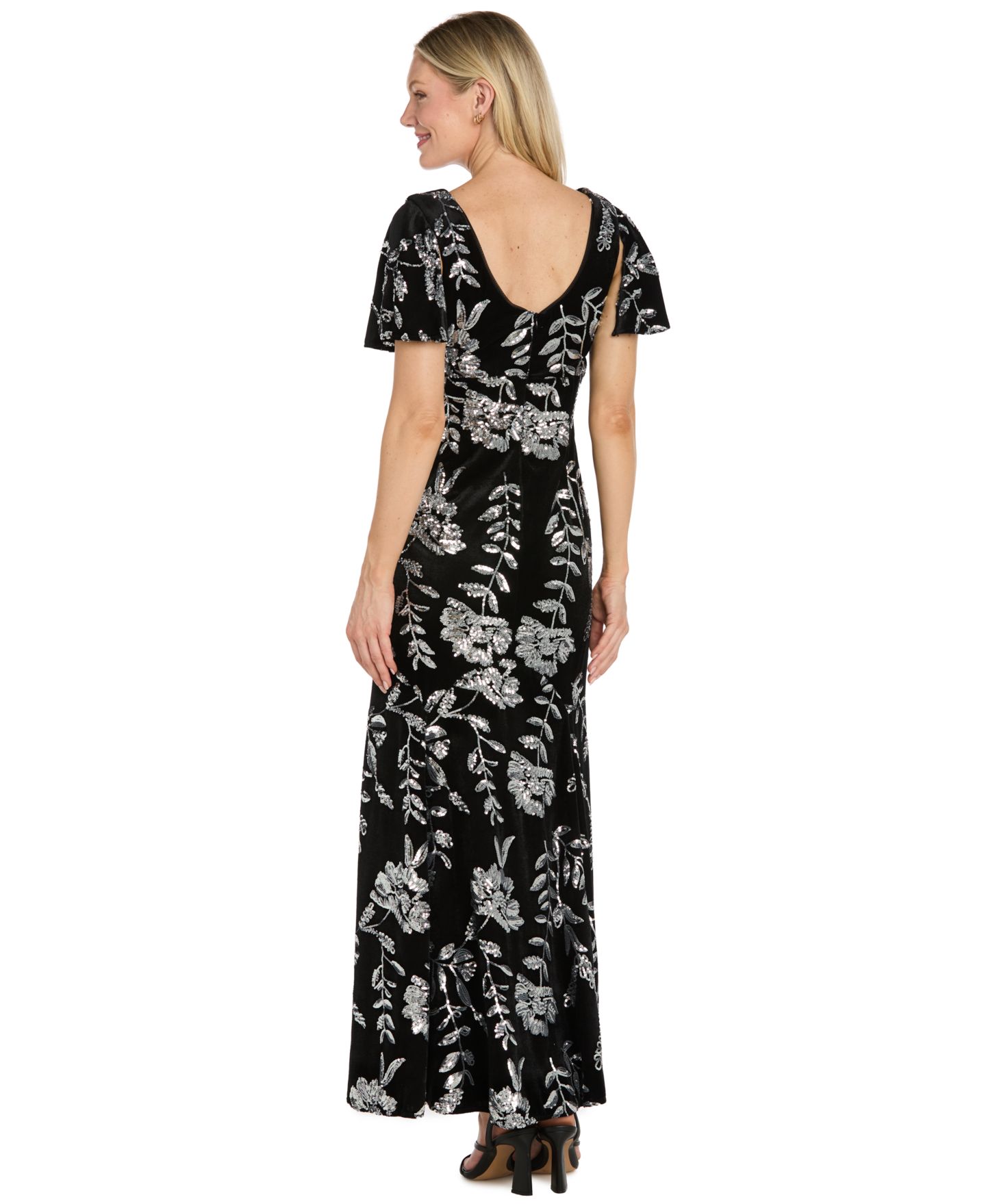 Женское платье R & M Richards Velvet Sequin-Floral Mermaid, цвет: Чёрный / Серебряный — фото 3