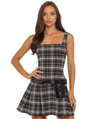 Juniors' Square Neck Drop-Waist Contrast Bow Detail Dress