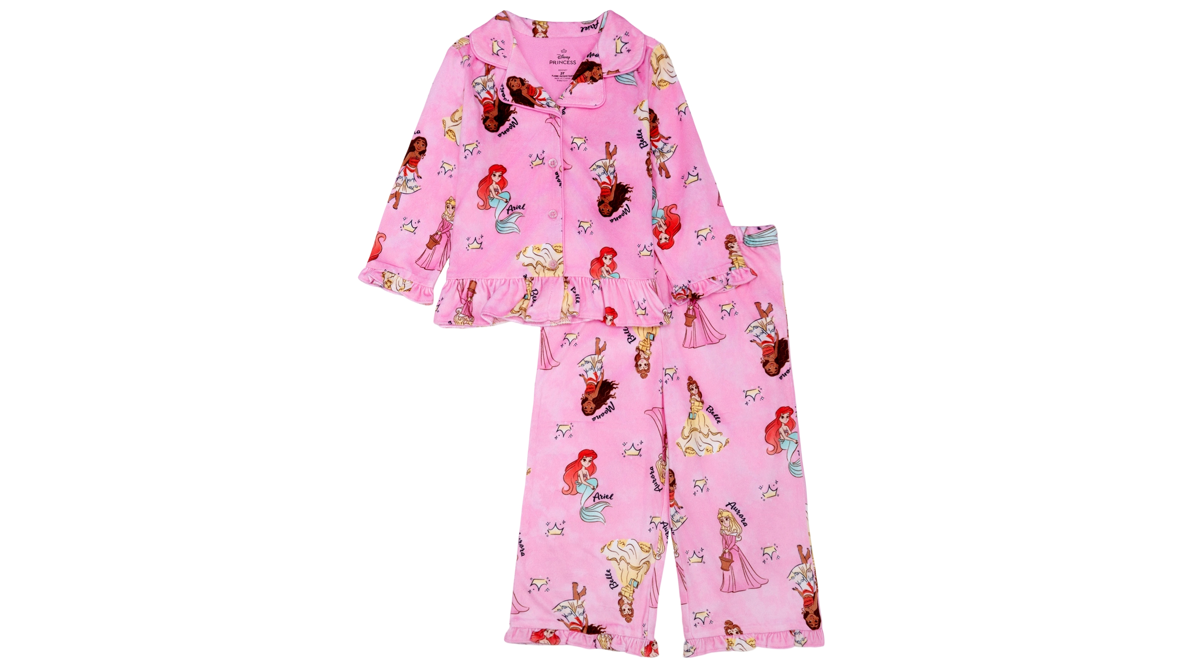 Ame Toddler Girls' 2T-4T Princess Fun Ruffle Disney Print Top and Pants, 2-Piece Pajama Set