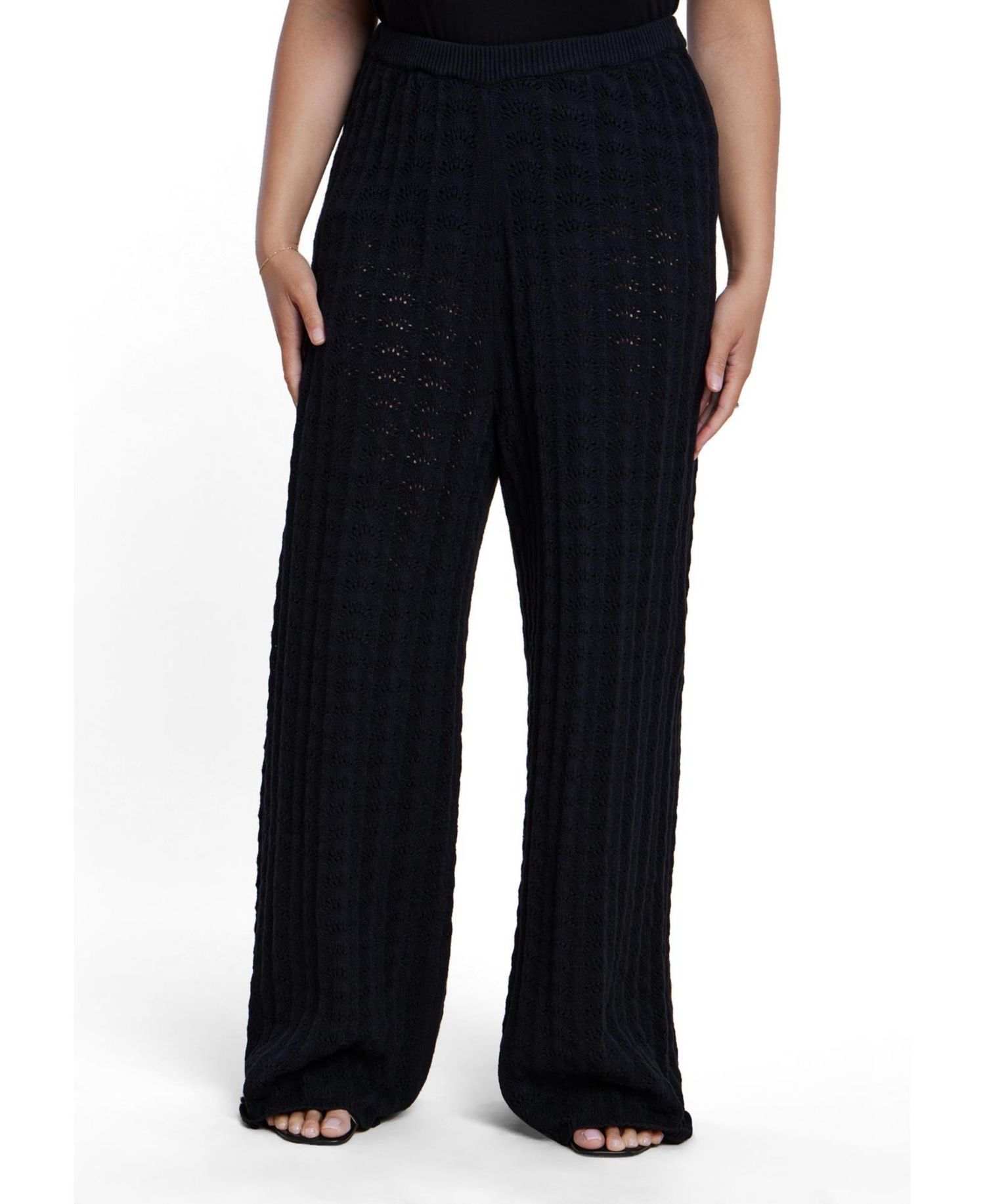 Plus Size Pointelle Stitch High-Rise Wide-Leg Pull-On Sweater Pant