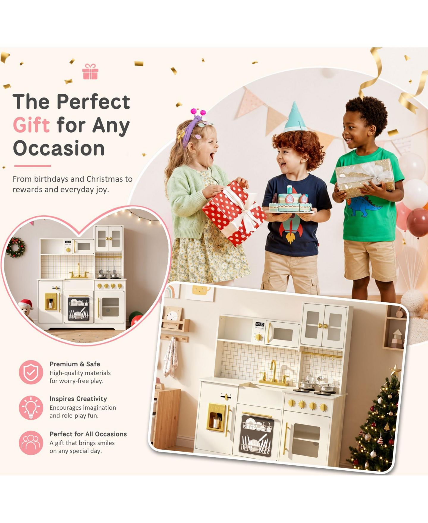 Детские игрушки Kinder King Kids Play Kitchen, Wooden Toy Kitchen Playset for Toddler, Pretend Oven, Microwave, Kitchen Sets for Age 3+, цвет: Бежевый / Хаки — фото 7