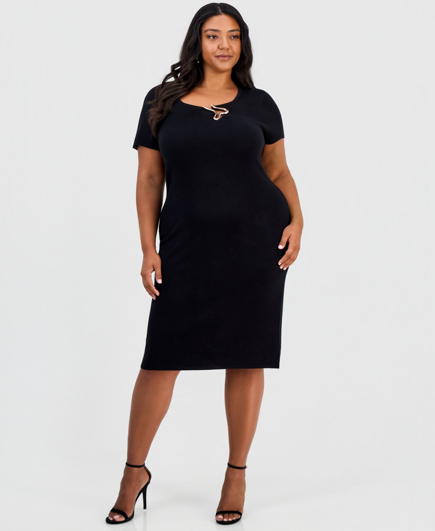 Женское платье FULL CIRCLE TRENDS Plus Size Square Neck Short-Sleeve Hardware-Detail Midi, цвет: Чёрный — фото 1