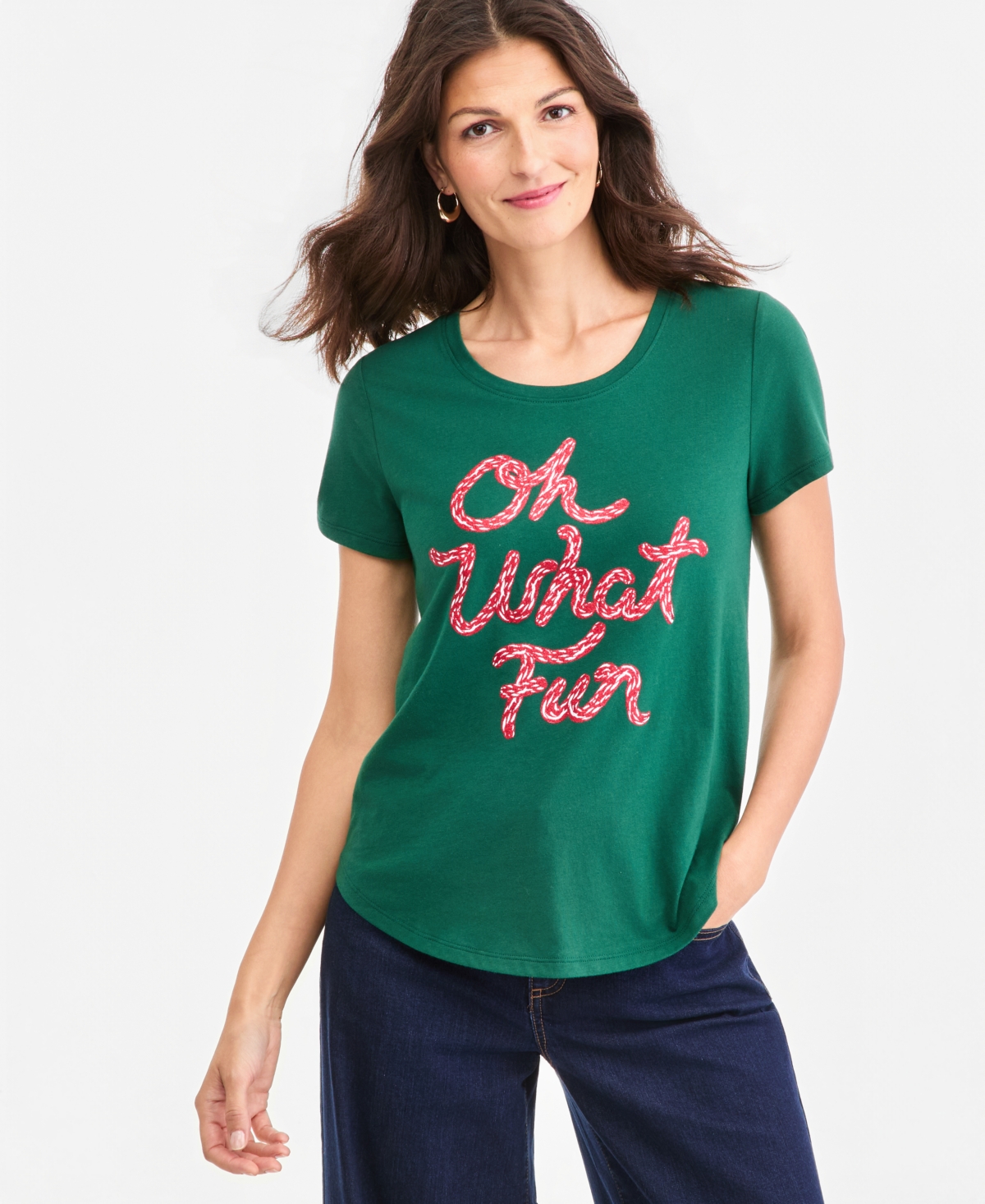 Style & Co Women's Holiday Graphic Short-Sleeve Crewneck Tee, Macy's Exclusive - Calypso Green