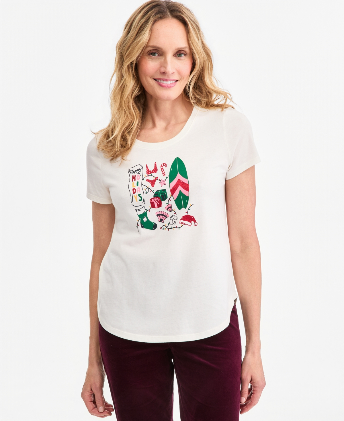 Style & Co Women's Holiday Graphic Short-Sleeve Crewneck Tee, Macy's Exclusive - Fresh Vanilla