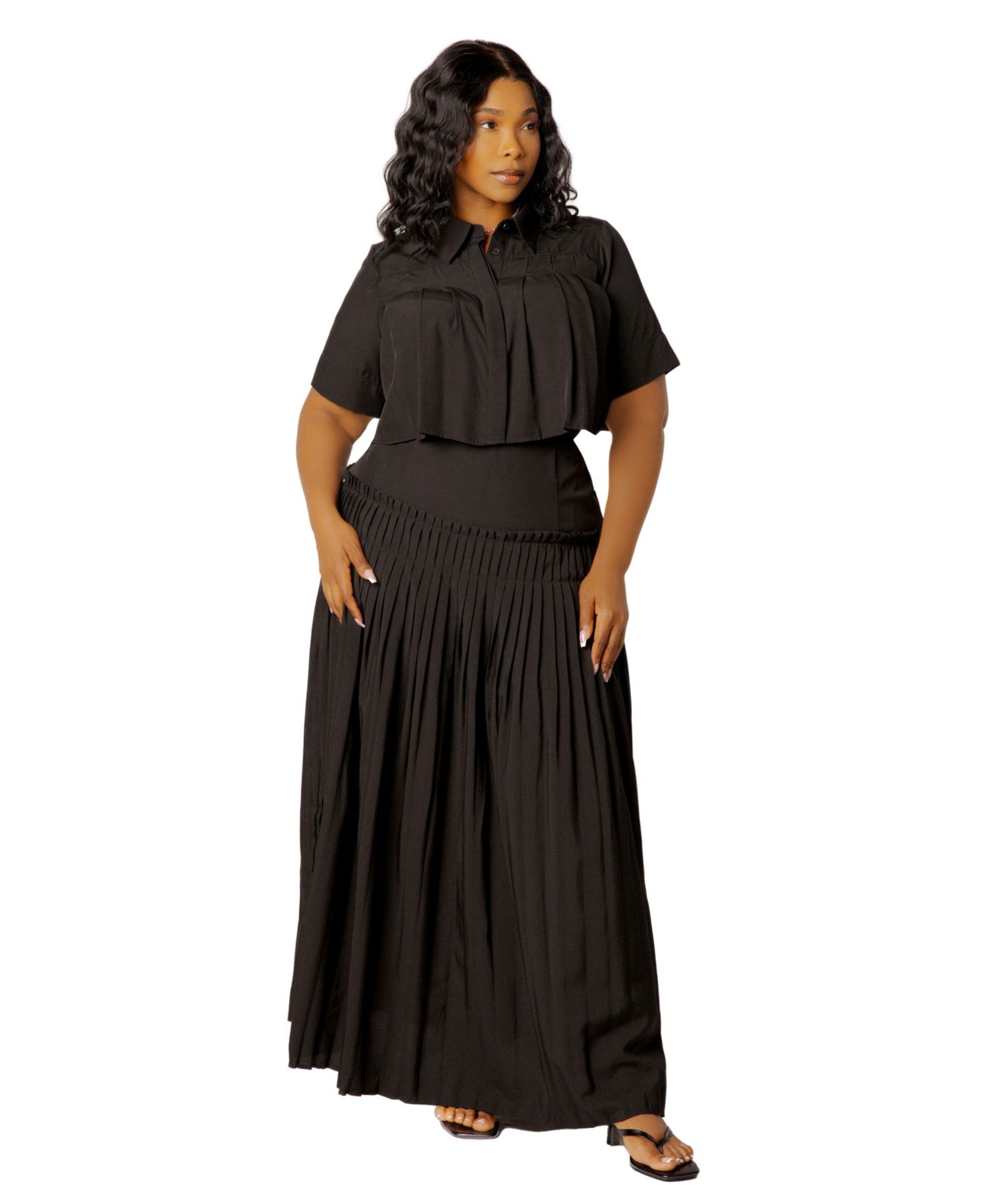 Женский комплект Buxom Couture Plus Size Pleated Cropped Collared Top and Skirt Set, цвет: Чёрный — фото 4