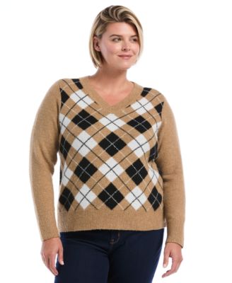 Plus Size Argyle V-Neck Long-Sleeve Sweater