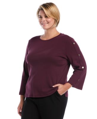 Plus Size Stud-Trim Rib-Knit Long-Sleeve Blouse