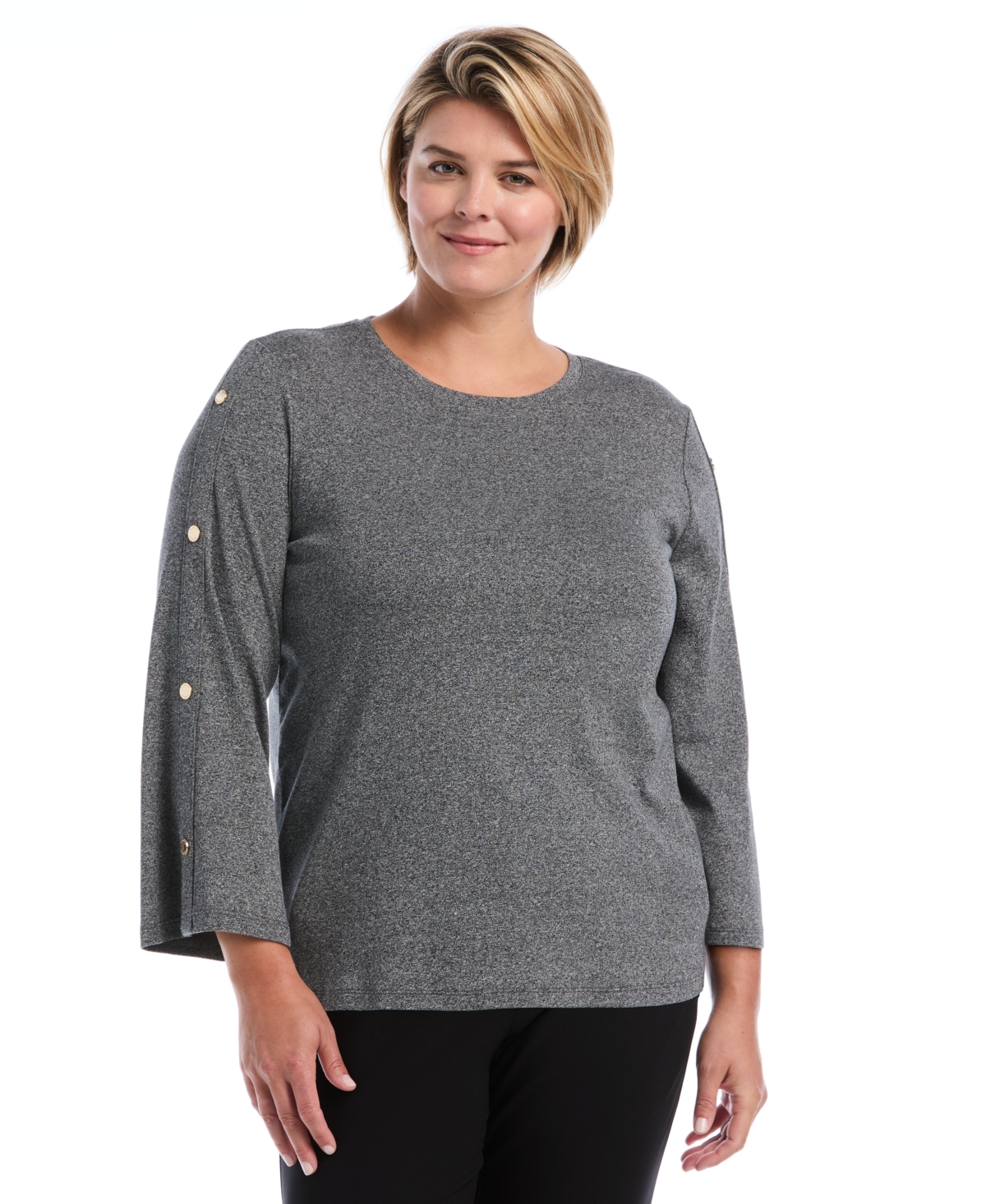 Rafaella Women's Plus Size Stud Trim Wide Sleeve Top in Salt And Pepper Hthr, Size 3X, 100% Cotton