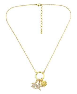 14k Gold-Plated Over Brass Circle Charm Holder with Turtle, Starfish, and Clamshell Charms Necklace