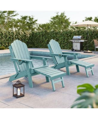 2Pcs 3-Position Reclining Adirondack Chair w/Retractable Ottoman, Folding Patio Chair with Cup Holder, Heavy Duty HDPE Fire Pit Seating 350lbs
