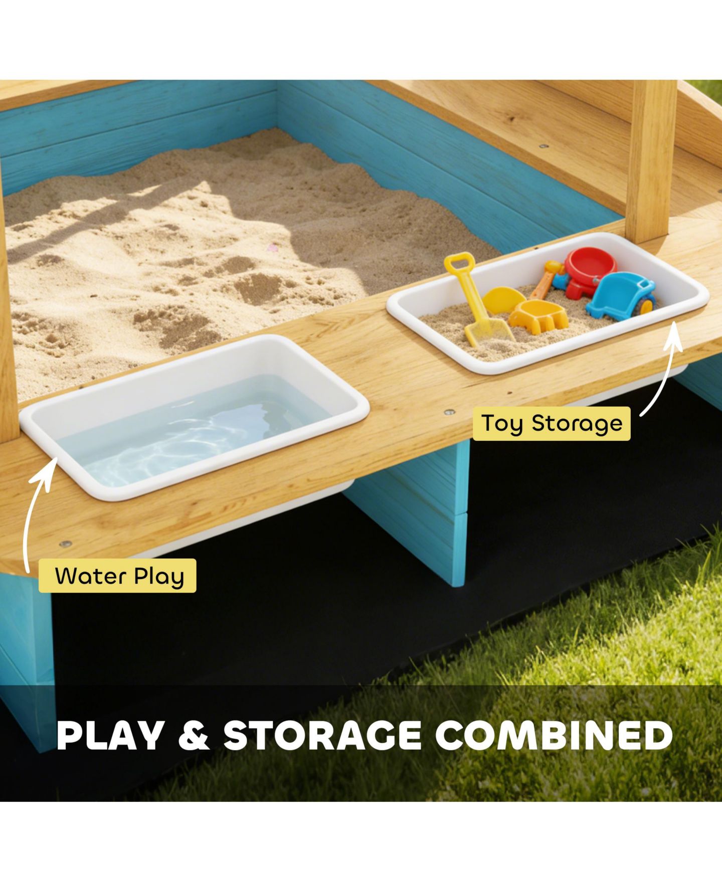 Детская игрушка Qaba Wooden Sandbox with Seating for Six & Dinosaur-Print Canopy, Storage, 440 lbs. Capacity, Ages 3-6, цвет: Синий — фото 5