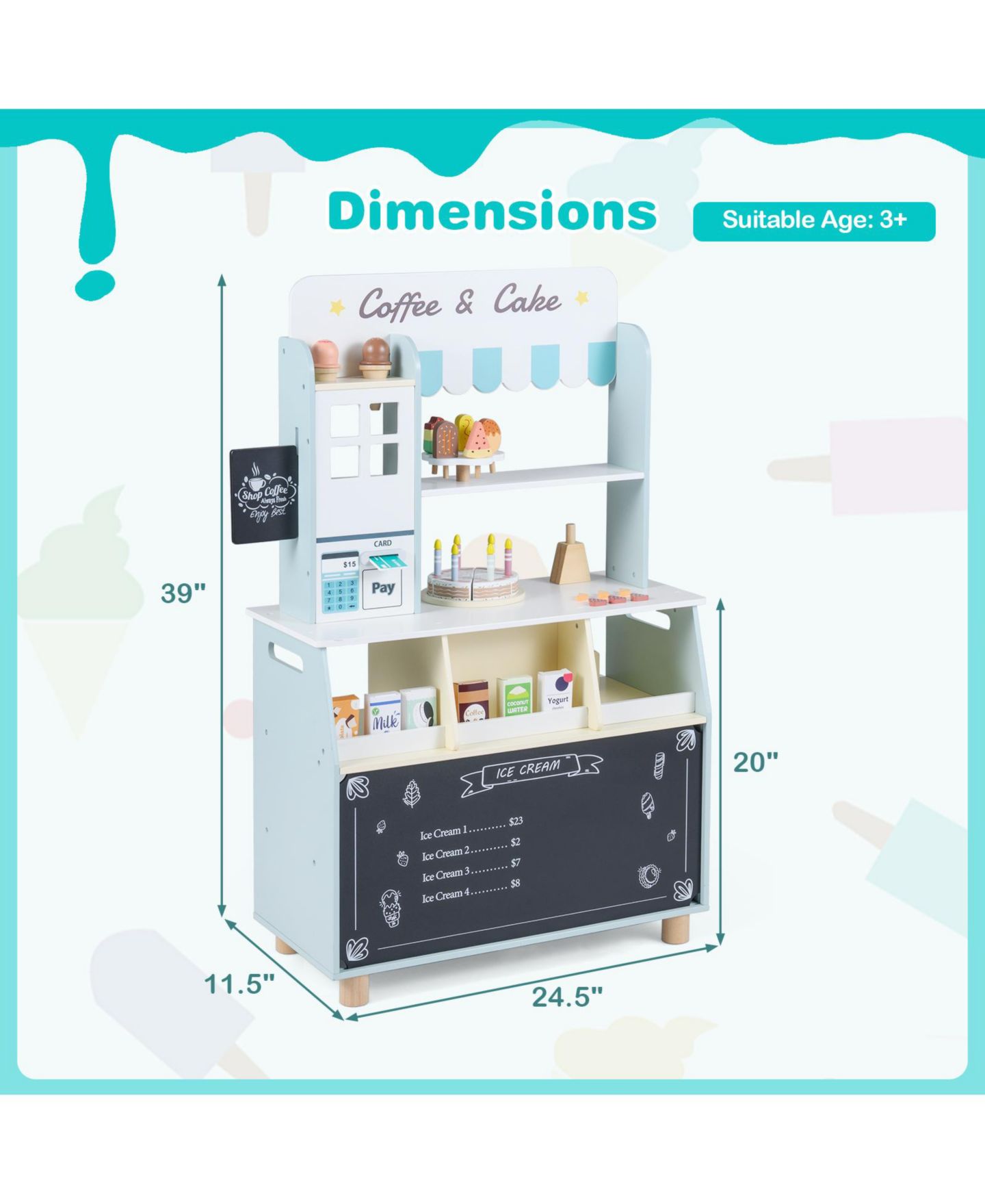 Детский игровой набор Gymax Ice Cream Shop Wooden 27-Piece Playset, Ages 3+, цвет: Синий — фото 3