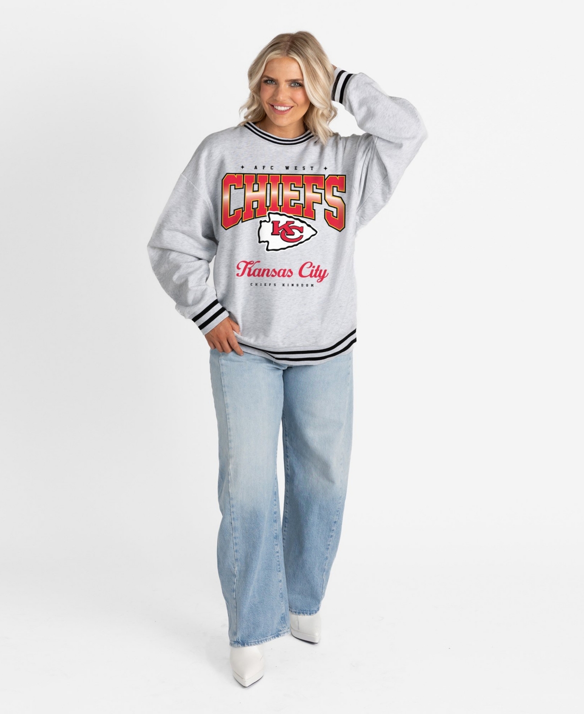 Gameday Couture Women's Kansas City Chiefs Gridiron Drive Ringer Stripe Oversized Crewneck Sweatshirt