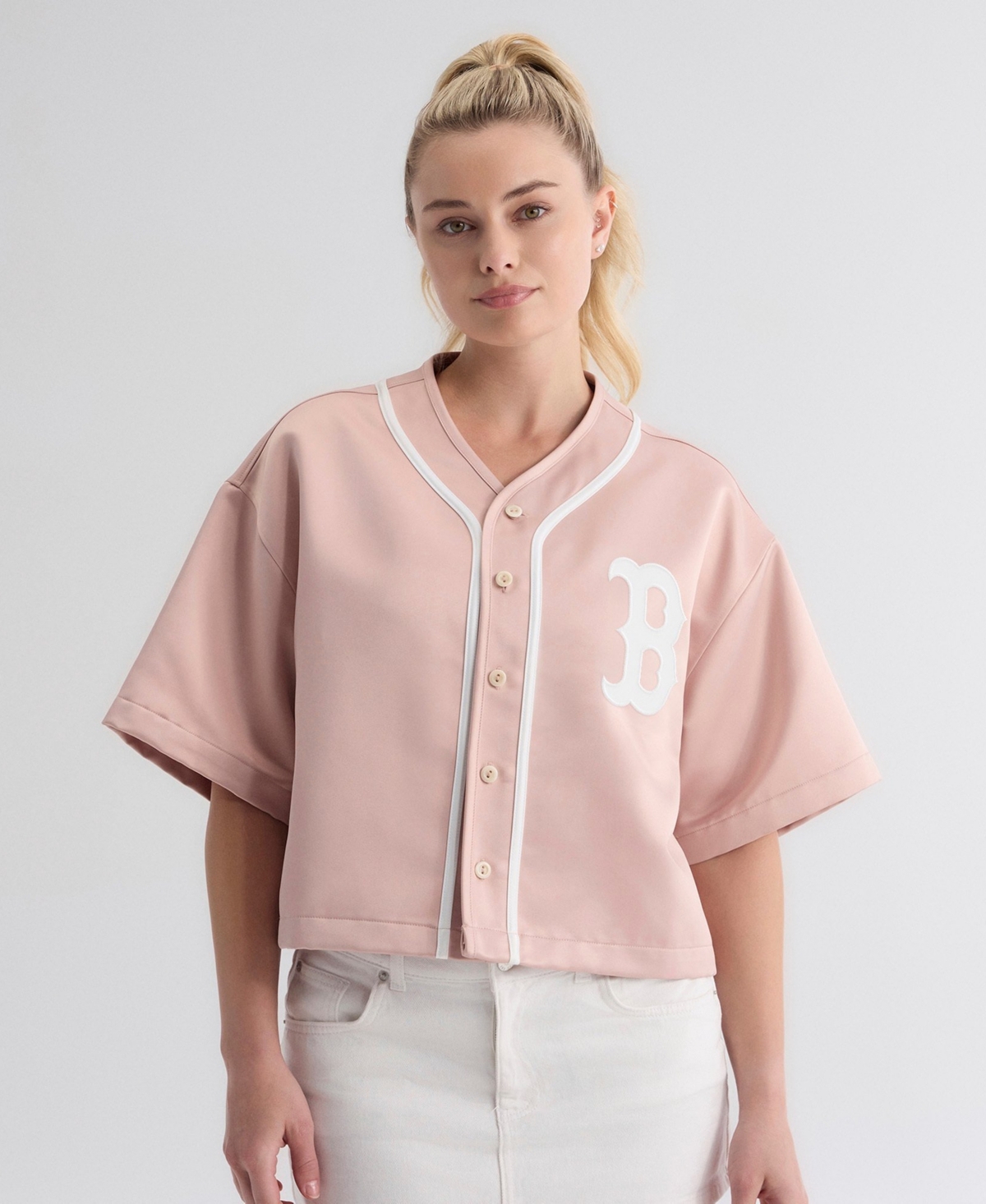 Fanatics Women's Boston Red Sox Iconic Full-Button Satin Cropped Baseball Top