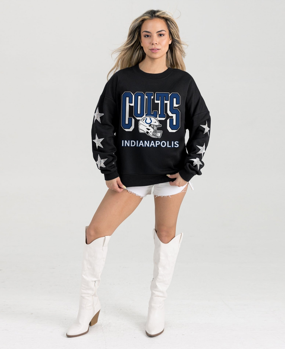 Gameday Couture Women's Indianapolis Colts Pure Victory Rhine Stud Star-Sleeve Long-Sleeve Pullover Sweatshirt - Black