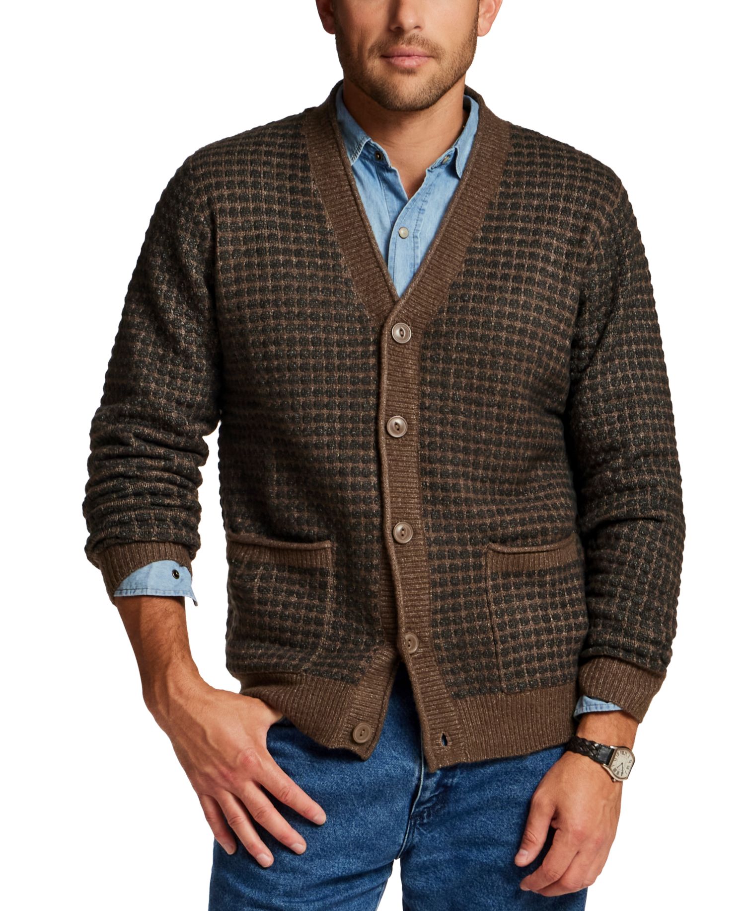 Men's Grid V-Neck Long-Sleeve Cardigan