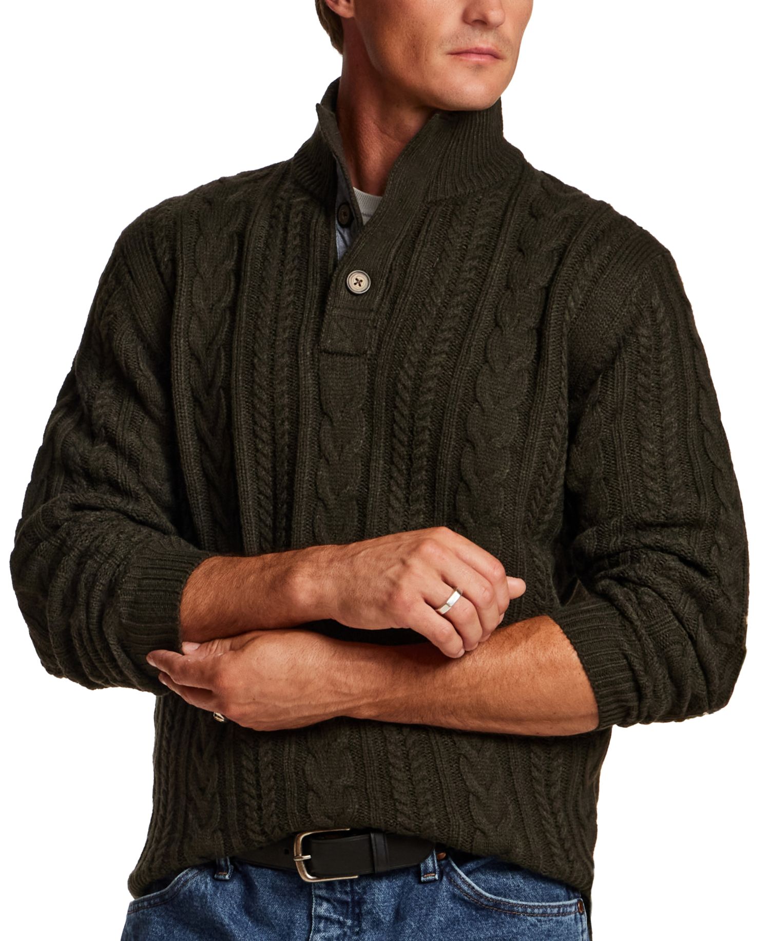Men's Cable-Knit Mock-Neck Quarter-Button Sweater