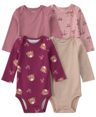 Baby Girls' Bear & Bows Long-Sleeve Snap Closure Cotton Bodysuits, 4-Pack