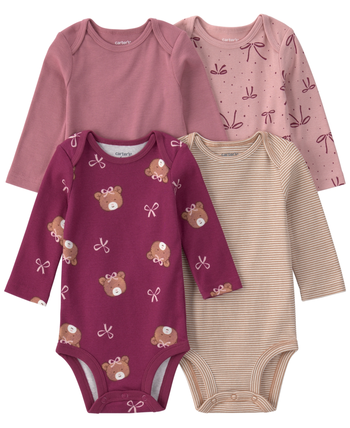 Carter's Baby Girls' Bear & Bows Long-sleeve Snap Closure Cotton Bodysuits, 4-pack In Multi