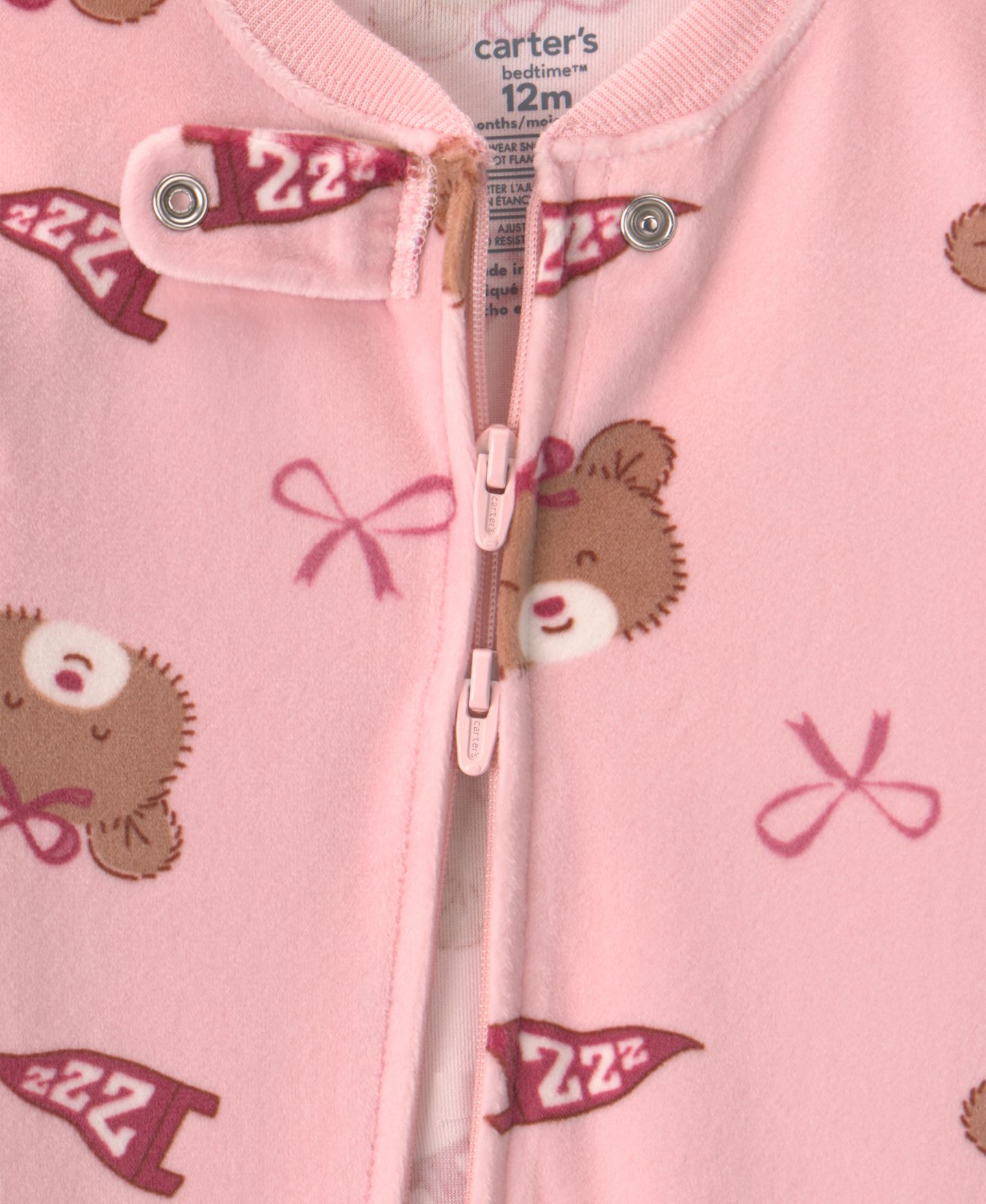 Детская облегающая пижама с ножками Carter's Bears & Bows для девочки, двусторонняя молния, цвет: Розовый — фото 3