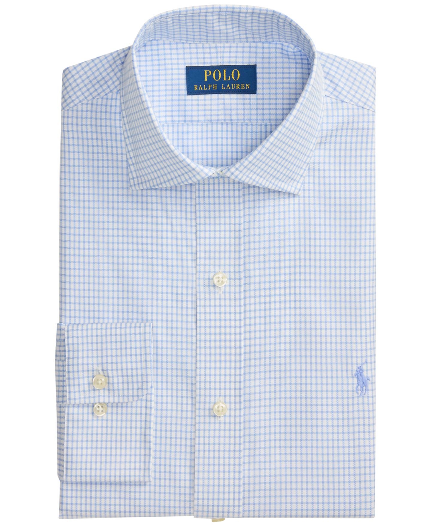 Мужская рубашка Polo Ralph Lauren Regent Checked Classic-Fit Spread-Collar Dress Shirt, цвет: Белый светлый синий — фото 5