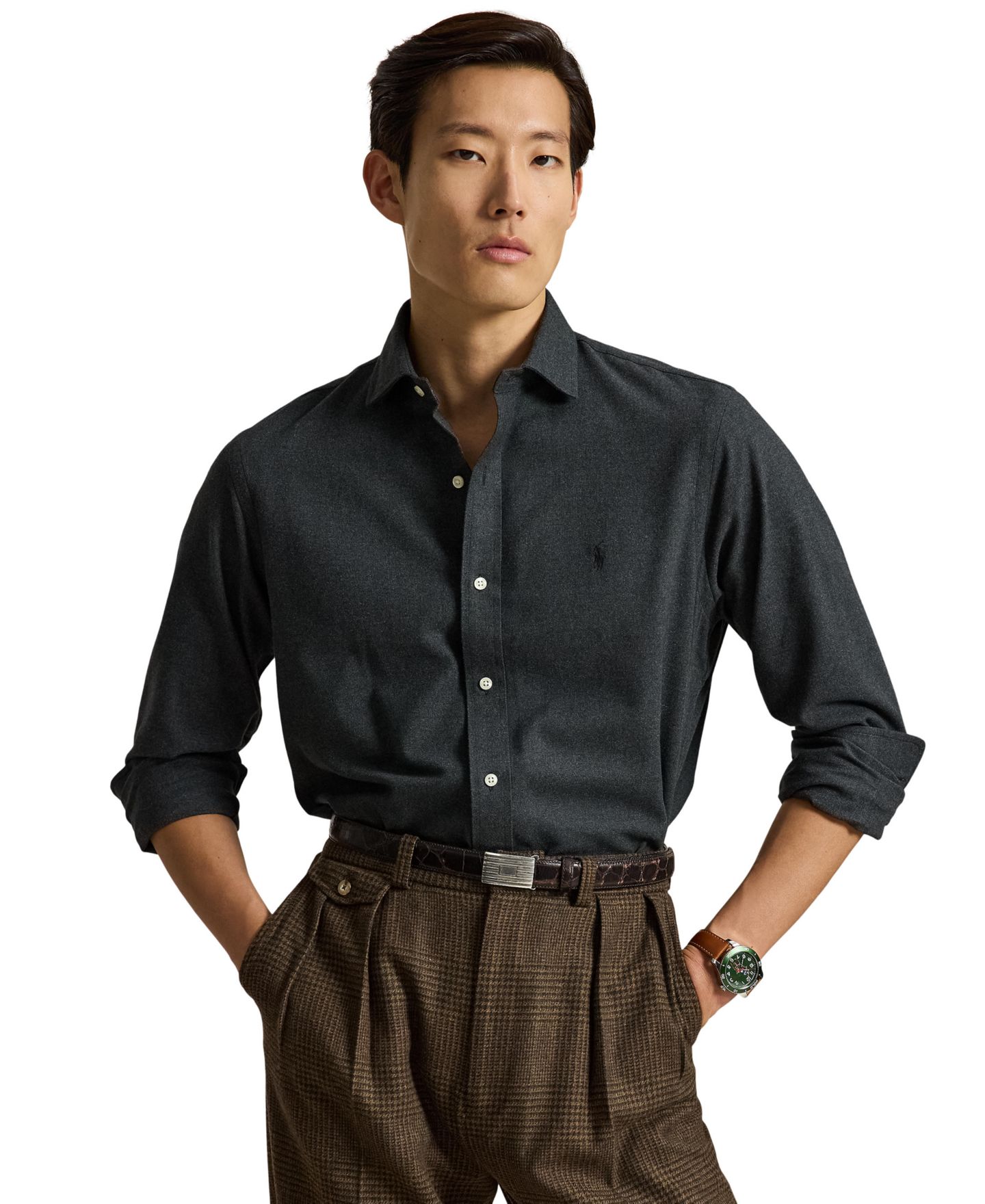Мужская рубашка Polo Ralph Lauren Classic Fit Performance Twill, цвет: Меланжевый — фото 1