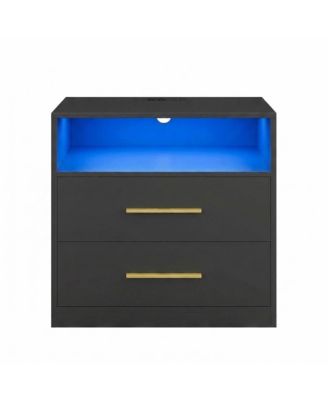 Bedside Table, Side End Table, Nightstand with Power Outlets, Sliding Lid, LED Lights, 2 Drawers