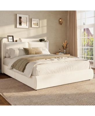 Full Upholstered Bed Frame with Shelf and Drawers- Beige Chenille Platform Bed with Built in Headboard Shelf for Phone and Books