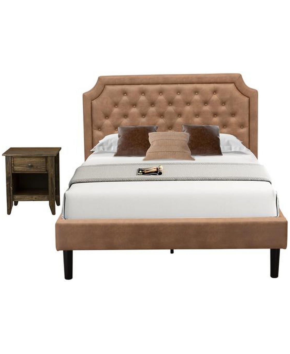 East West Furniture GB28F-1GA07 2-Piece Granbury Bed Set with Upholstered Bed and Distressed Jacobean Nightstand - Brown Faux Leather and Black Legs -