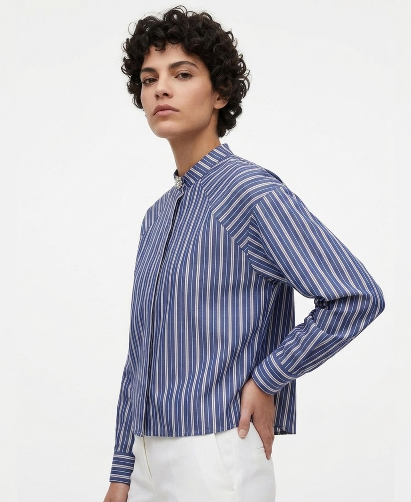 Женская рубашка Jason Wu Raglan Long-Sleeve Band Collar Striped, цвет: Синий / Белый полосатый — фото 2