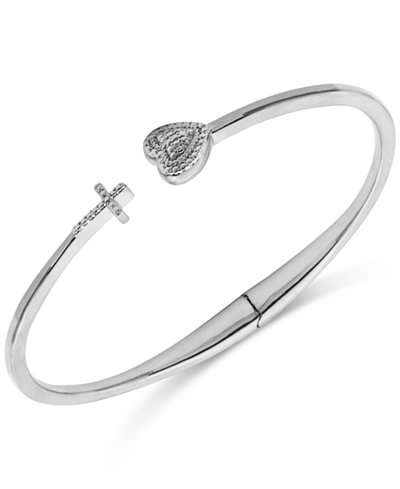 Diamond Accent Heart and Cross Hinged Cuff Bracelet in Silver-Plated Bronze