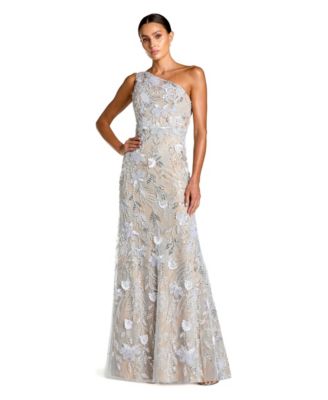 Petite One-Shoulder Floral Sequin Mesh Gown