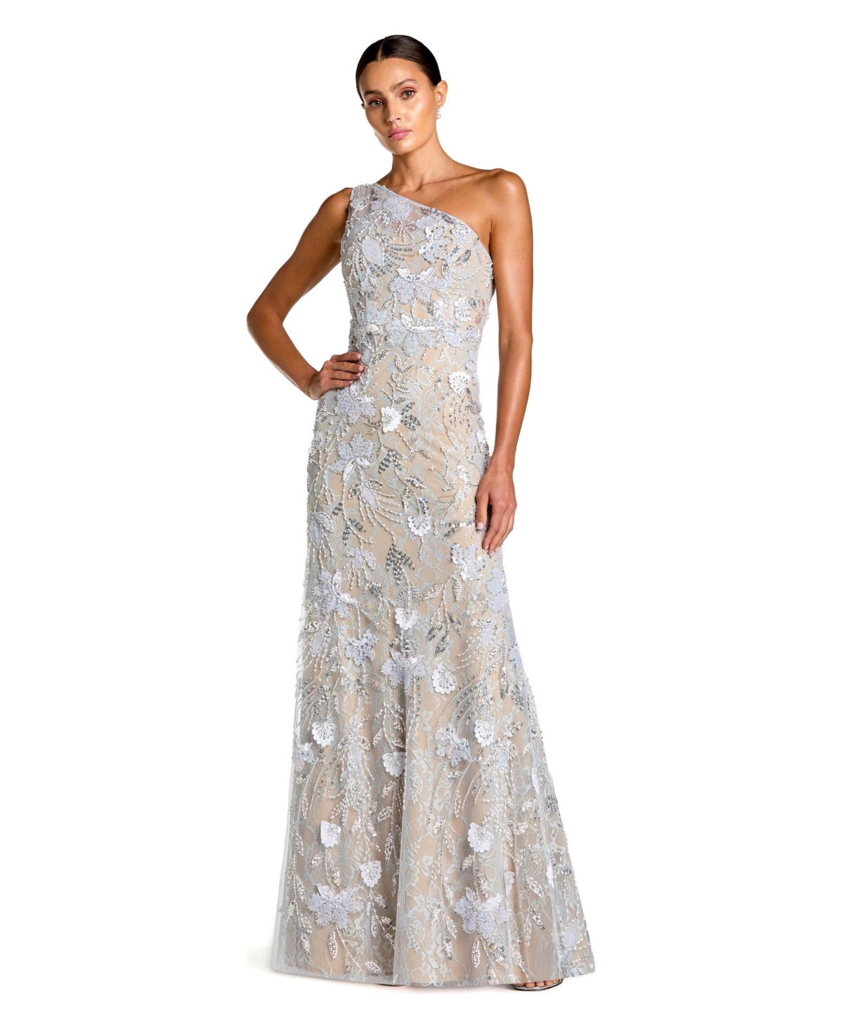 Mac Duggal - Petite Powder Blue Sleeveless One Shoulder Embellished Lace Gown - US 4P