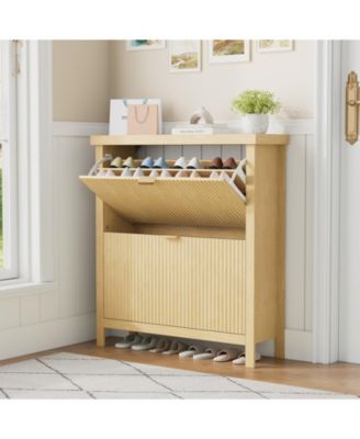 Striped freestanding entryway shoe cabinet with double-layer flip drawers, adjustable shelves and dust-proof back panel