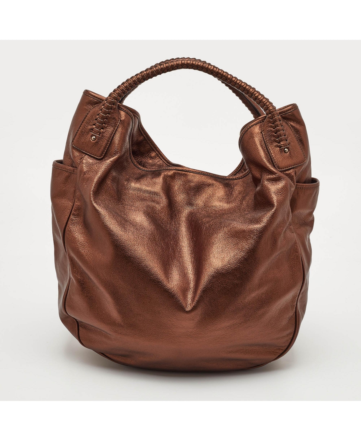 Pre-Owned Salvatore Ferragamo Women's Metallic Bronze Leather Braided Handle Hobo Bag