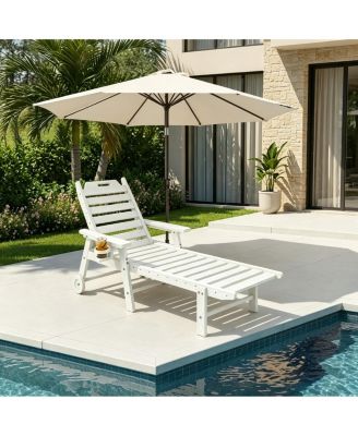 Rolling Outdoor Chaise Lounge Chair, 5-Position Adjustable Backrest, Wheels, Cup Holder for Deck, Garden, Backyard