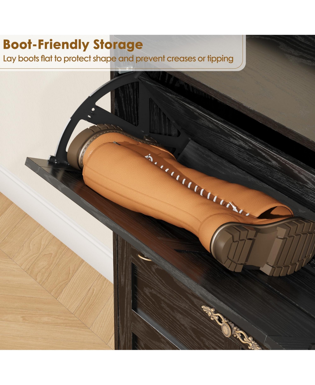 gaomon Entryway Shoe Cabinet with 2 Drop-Front Drawers and Adjustable Shelves, Featuring Cross-Stilts Doors, Country-Style