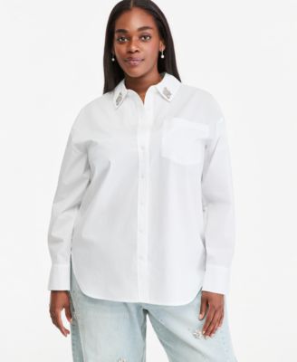 Plus Size Embellished Collar Poplin Button Down Shirt