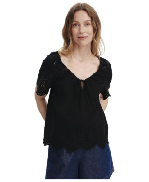 Женский топ Finery London Ruthie Floral-Embroidered V-Neck Short-Sleeve, цвет: Чёрный