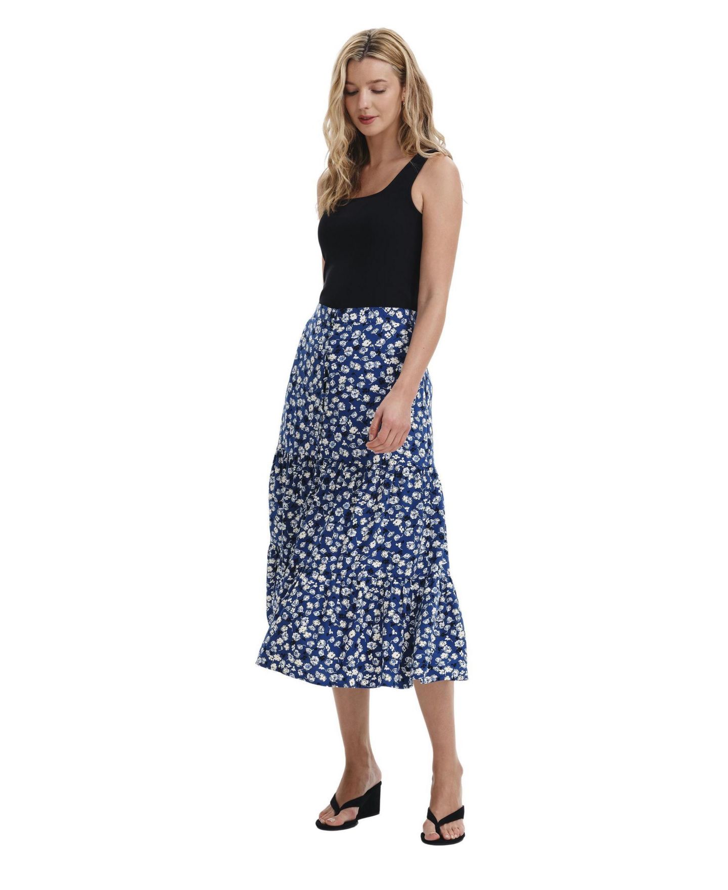 Женская юбка Finery London Isla Tiered Floral-Print High-Waisted Midi, цвет: Тёмно-синий — фото 2