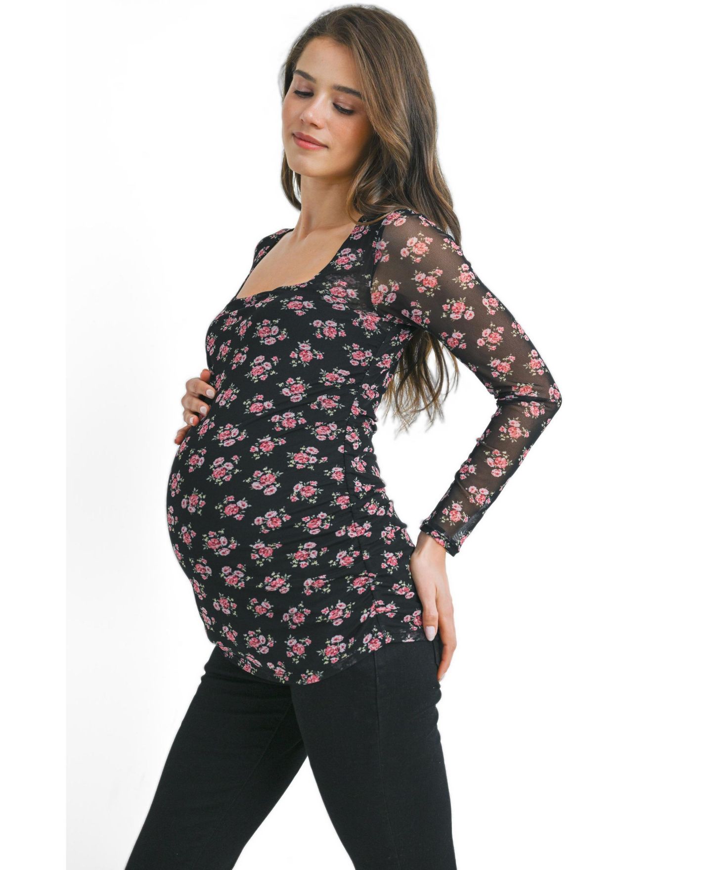 Женский топ Hello Miz Maternity Square-Neck Floral-Mesh Top, цвет: Чёрный — фото 2