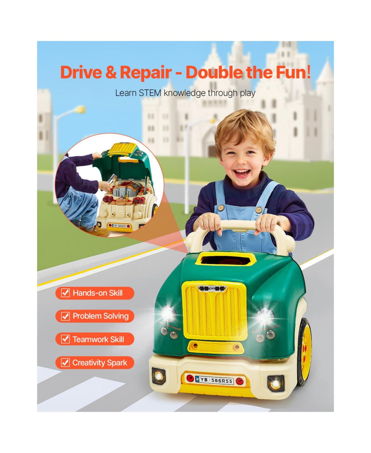 Детские игрушки SUGIFT Mechanic Engine Lights, Sounds and Steering Wheel 60-Piece Playset, Ages 3+, цвет: Зелёный — фото 8