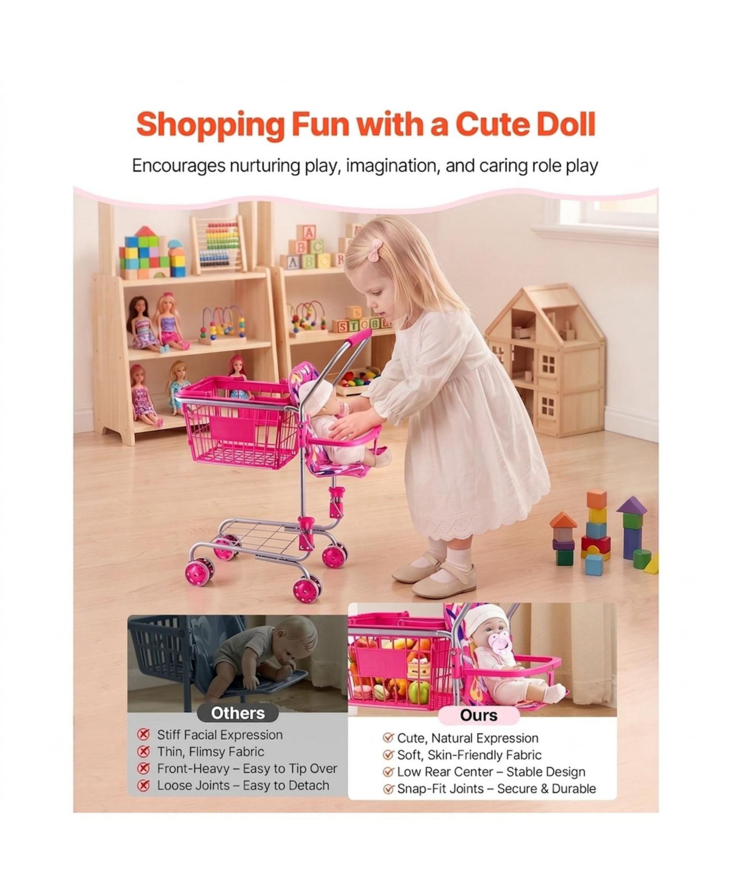 Детские игрушки SUGIFT Metal Toy Shopping Cart and Doll, 2-Piece Set, Ages 3+, цвет: Розовый — фото 6