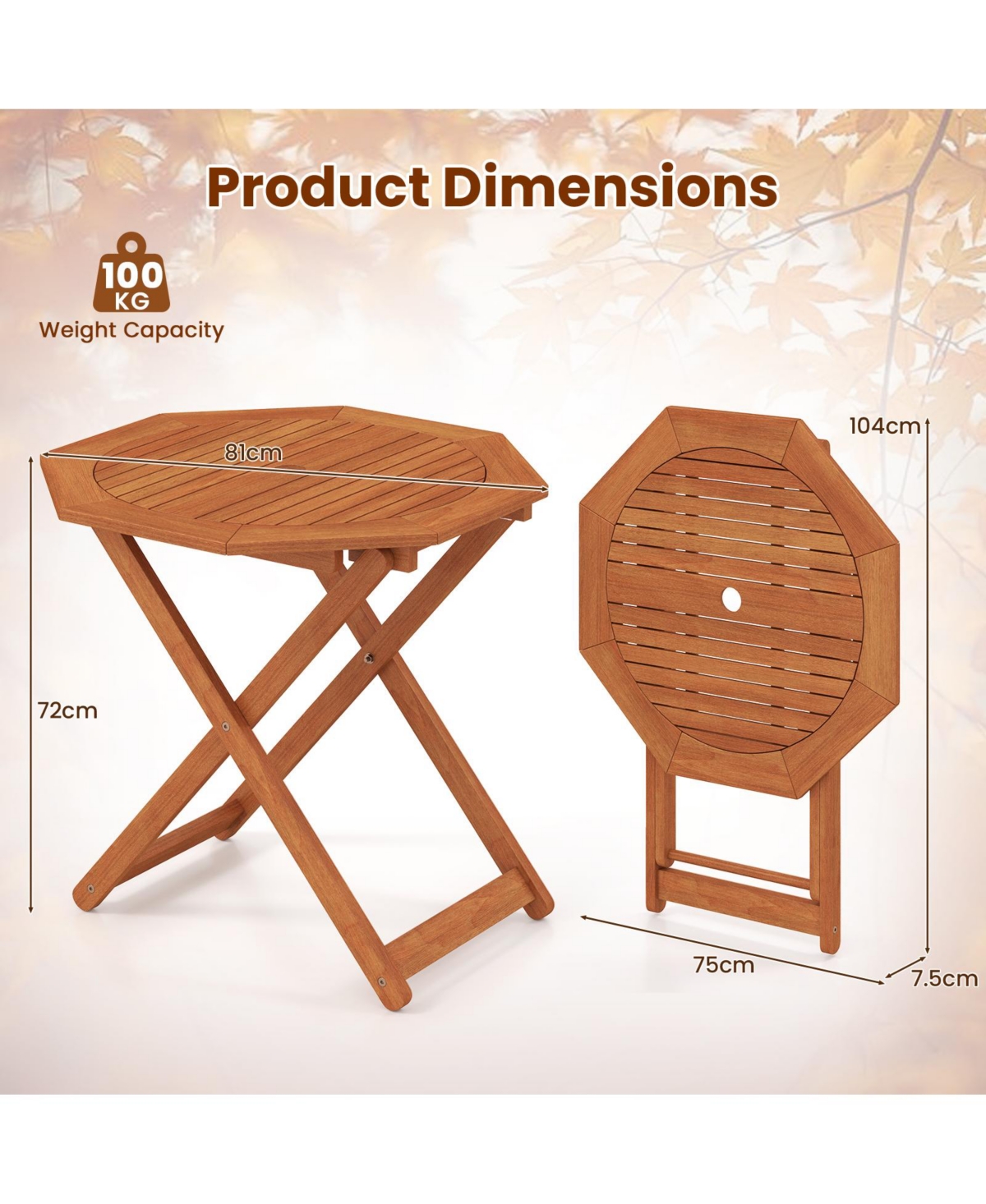 Mecale 32 in Octagon Folding Patio Table with 2 in Umbrella Hole