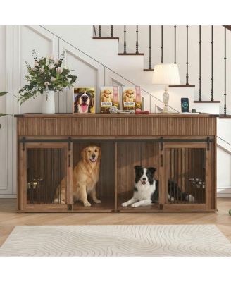 71" Rustic Double Dog Crate, Heavy Duty Dog Cage with Fluted Drawers, Rotating Bowls